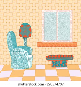 Abstract interior room in bright colors. Hand-drawn illustration.