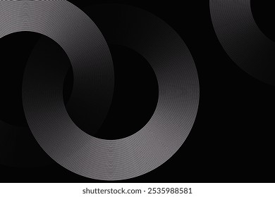 Abstract interlocking circular gradient lines in monochrome on a black background, creating a modern, minimalist pattern ideal for digital art, decor, and technology-inspired designs