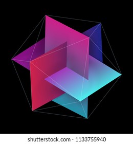 Abstract Interlocking Colorful Rectangles with Hexagonal Lines. Three Dimensional Symbol Design Isolated on Black Background. EPS10 Vector.