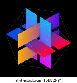 Abstract Interlocking Colorful Rectangles with Hexagonal Lines. Three Dimensional Symbol Design Isolated on Black Background. EPS10 Vector.