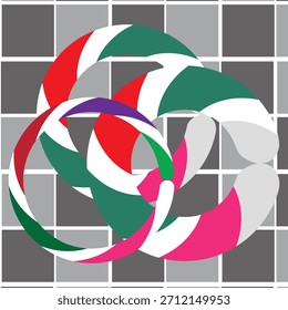 Abstractas cintas de rayas de colores entrelazadas en el Vector de patrón de rejilla gris