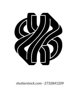 Abstract Interlocking Ribbon Knot Logo, Black and White Symmetrical 3D Illusion Shape for Creative Branding and Graphic Design Elements