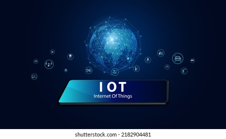 Abstract Internet of things Concept phone and world 5G.IoT Internet of Things communication network Innovation Technology Concept Icon. Connect wireless devices and networking Innovation Technology.