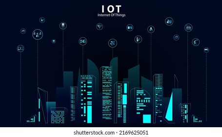 Abstract Internet of things Concept smart city 5G.IoT Internet of Things communication network Innovation Technology Concept Icon. Connect wireless devices and networking Innovation Technology.