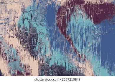 Abstract interplay of deep purple, cool blue, and beige tones layered with distressed textures, forming a mysterious and raw composition reminiscent of aged walls and weathered surfaces