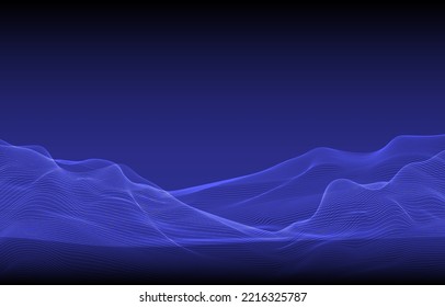 Abstract intersecting wavy lines glowing color nets on gradient dark blue background. Design for wallpaper, backdrop, pattern, texture, background, textile, wrapping, clothing, art print. Wave vector.