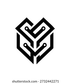 Ilustración vectorial Abstractas de circuitos geométricos entrelazados con nodos de conexión para conceptos de Tecnología y datos