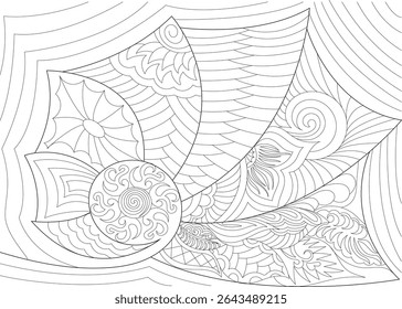 Abstract Intricate Line Art Pattern, Detailed black and white line art illustration featuring abstract and organic intricate patterns, suitable as a background, texture, or coloring page.