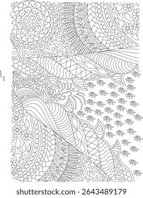 Abstract Intricate Line Art Patterns, Complex and detailed abstract line art featuring a variety of intricate patterns, including floral, geometric, organic shapes, and mandala-like elements.