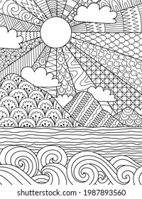 Abstract intricate line art of sunrise on the beach for background, coloring book, coloring page with the size 8.5x11. Vector illustration.