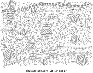 Abstract Intricate Line Patterns, Intricate black and white line drawing featuring horizontal bands of various abstract patterns including geometric shapes, pentagons, leaves, braided lines, and