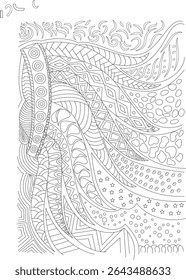 Abstract Intricate Pattern Line Art, Detailed black and white line art illustration featuring a variety of intricate abstract patterns including geometric shapes, organic waves, swirls, dots,