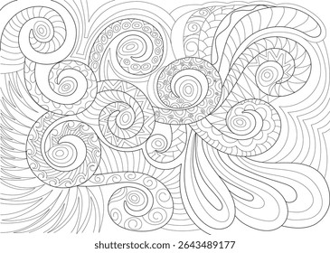 Abstract Intricate Swirling Patterns Line Art Illustration, Detailed black and white line art illustration featuring complex, swirling organic shapes filled with various intricate patterns like