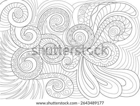 Abstract Intricate Swirling Patterns Line Art Illustration, Detailed black and white line art illustration featuring complex, swirling organic shapes filled with various intricate patterns like