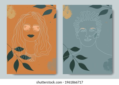 Abstract invented faces of a man and a woman in a minimalist style. Surrealism in the depiction of a girl and a guy.  Two modern patterns of orange and blue using two hers and plants.