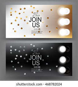 Abstract invitation card with light bulbs and confetti. Vector illustration