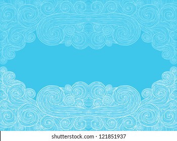 Abstract invitation card with waves in blue colors. Template frame design for card.