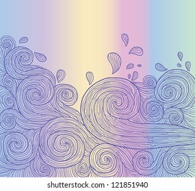 Abstract invitation card with waves on soft rainbow background. Template frame design for card.