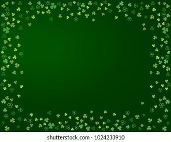 Abstract Ireland clover background for your Patrick's day greeting card design. Shamrock clover leaves frame isolated on dark green background. Vector illustration