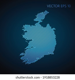 Resumen de la plantilla de mapa de Irlanda hecha a partir de líneas diagonales azules sobre fondo oscuro. Ilustración del vector EPS10.