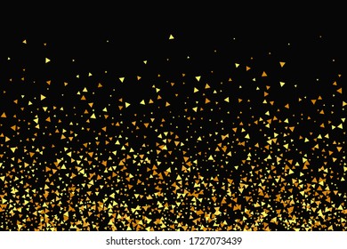 Abstract Iridescent Birthday Card. Geometric Anniversary Backdrop. Gold Confetti on Black Background. Isolated Golden Dust Particles. Vector Round Bokeh. Random Bridal Backdrop. Foil Border.