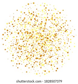 Abstract Iridescent Birthday Card. Gold Confetti on White Background. Isolated Golden Dust Particles. Random Bridal Backdrop. Foil Border. Vector Round Bokeh. Geometric Anniversary Backdrop.