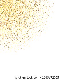 Abstract Iridescent Birthday Card. Random Bridal Backdrop. Foil Border. Gold Confetti on White Background. Isolated Golden Dust Particles. Geometric Anniversary Backdrop. Vector Round Bokeh.
