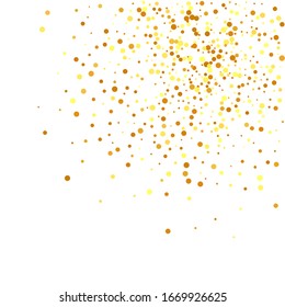  Abstrakte Geburtstagskarte. Vektorillustration Round Bokeh. Random-Bridal-Hintergrund. Folie-Grenze Hintergrundbild zum Thema geometrisches Jubiläum. Gold Confetti auf weißem Hintergrund. Einzeln partikelförmige goldene Staubpartikel.
