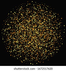 Abstract Iridescent Birthday Card. Vector Round Bokeh. Gold Confetti on Black Background. Isolated Golden Dust Particles. Geometric Anniversary Backdrop. Random Bridal Backdrop. Foil Border.