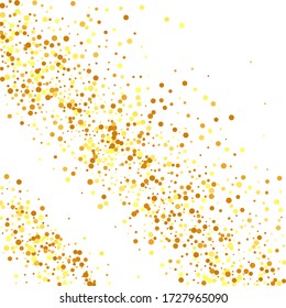 Abstract Iridescent Birthday Card. Vector Round Bokeh. Gold Confetti on White Background. Isolated Golden Dust Particles. Geometric Anniversary Backdrop. Random Bridal Backdrop. Foil Border.
