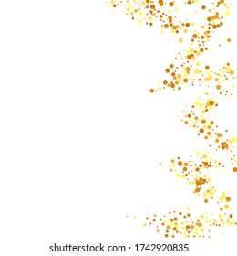 Abstract Iridescent Birthday Card. Vector Round Bokeh. Random Bridal Backdrop. Foil Border. Geometric Anniversary Backdrop. Gold Confetti on White Background. Isolated Golden Dust Particles.