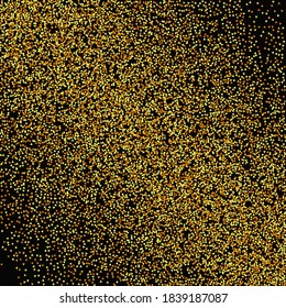 Abstrakte Geburtstagskarte. Vektor Round Bokeh. Gold Confetti auf schwarzem Hintergrund. Einzeln partikelförmige goldene Staubpartikel. Random-Bridal-Hintergrund. Folie-Grenze Hintergrundbild zum Thema geometrisches Jubiläum.