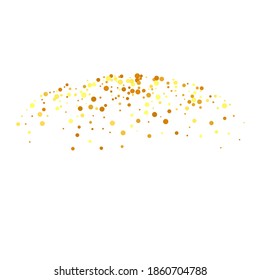 Abstract Iridescent Birthday Card. Vector Round Bokeh. Geometric Anniversary Backdrop. Gold Confetti on White Background. Isolated Golden Dust Particles. Random Bridal Backdrop. Foil Border.