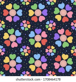 Abstract iridescent, colorful repeating flowers, on a dark background. Point, halftone. The petals of the heart. Vector seamless pattern.