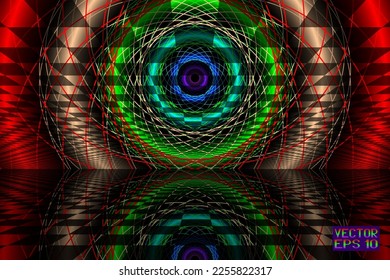 Abstract Iridescent Geometric Pattern with Circles and Reflection. Festive Rotating Polygons Texture. Glowing Rainbow Holiday Invitation. Vector. 3D Illustration