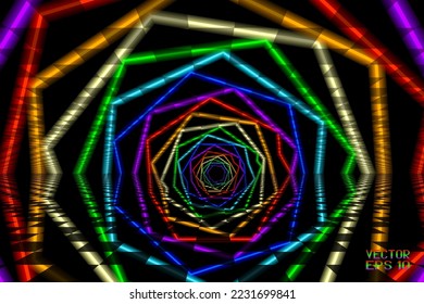 Abstract Iridescent Geometric Pattern with Lines. Festive Rotating Polygons Texture. Glowing Rainbow Holiday Invitation. Vector. 3D Illustration