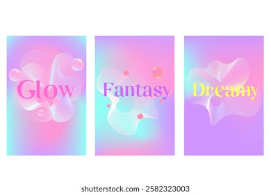 Abstract iridescent, holographic poster set with smooth blurred gradient texture, glowing liquid wavy forms. Fantasy futuristic fluid background with copy space. Cosmetic technology