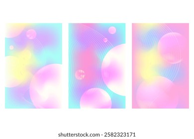 Abstract iridescent, holographic poster set with smooth blurred gradient texture, glowing 3d pearls liquid bubbles. Fantasy futuristic fluid background with copy space. Cosmetic technology