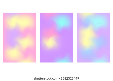 Abstract iridescent, holographic poster set with smooth blurred gradient texture, glowing liquid wavy forms. Fantasy futuristic fluid background with copy space. Cosmetic technology