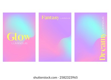 Abstract iridescent, holographic poster set with smooth blurred gradient texture, glowing liquid wavy forms. Fantasy futuristic fluid background with copy space. Cosmetic technology