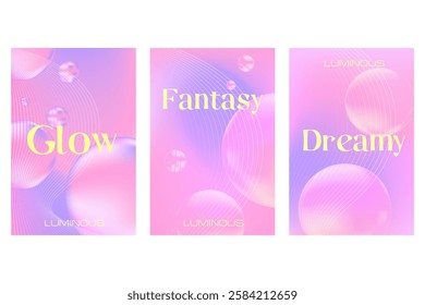 Abstract iridescent lavender color, fantasy bubbles poster set with smooth blur gradient texture, glowing 3d fluid sphere blobs. Cute futuristic liquid background with copy space. Cosmetic technology