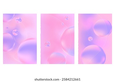 Abstract iridescent lavender color, fantasy bubbles poster set with smooth blur gradient texture, glowing 3d fluid sphere blobs. Cute futuristic liquid background with copy space. Cosmetic technology