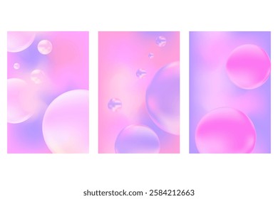 Abstract iridescent lavender color, fantasy bubbles poster set with smooth blur gradient texture, glowing 3d fluid sphere blobs. Cute futuristic liquid background with copy space. Cosmetic technology