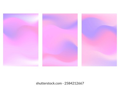 Abstract iridescent lavender color, fantasy wave poster set with smooth blur gradient texture. Cute futuristic glowing liquid background with copy space. Cosmetic technology