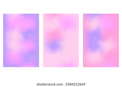 Abstract iridescent lavender color, fantasy wave poster set with smooth blur gradient texture. Cute futuristic glowing liquid background with copy space. Cosmetic technology