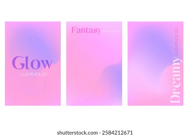 Abstract iridescent lavender color, fantasy wave poster set with smooth blur gradient texture. Cute futuristic glowing liquid background with copy space. Cosmetic technology