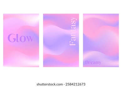 Abstract iridescent lavender color, fantasy wave poster set with smooth blur gradient texture. Cute futuristic glowing liquid background with copy space. Cosmetic technology