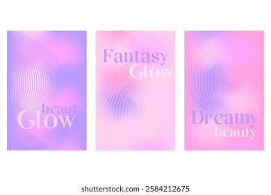 Abstract iridescent lavender color, fantasy wave poster set with smooth blur gradient texture. Cute futuristic glowing liquid background with copy space. Cosmetic technology