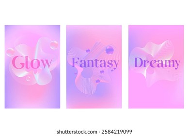 Abstract iridescent lavender color, fantasy bubbles poster set with smooth blur gradient texture, glowing 3d fluid sphere blobs. Cute futuristic liquid background with copy space. Cosmetic technology