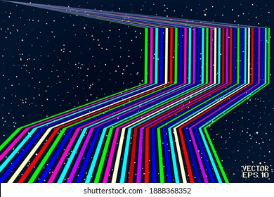 Abstract Iridescent Pattern with Panoramic Sky Map of Hemisphere. Blue and Yellow Constellations on Starry Night Background. Colorful Striped Texture. Vector. 3D Illustration